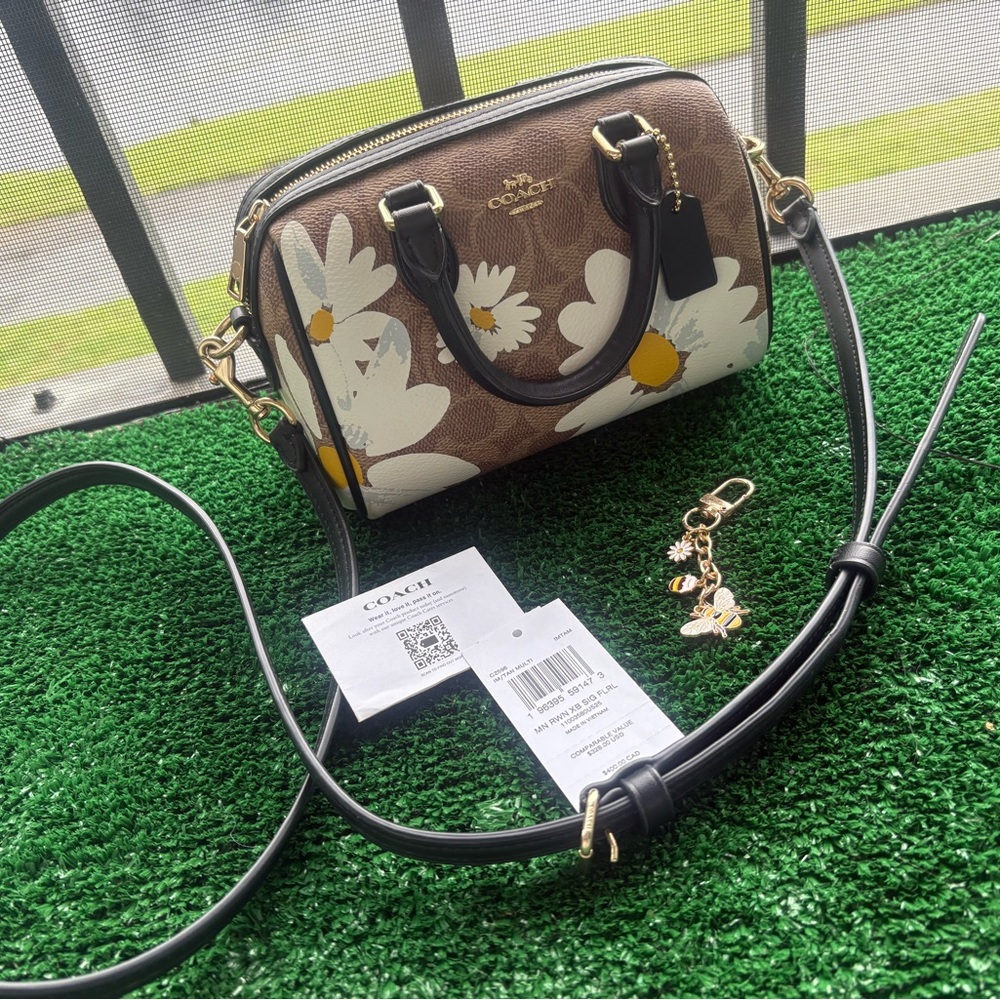 NWT Coach Brown and White Floral Mini Rowan Satchel